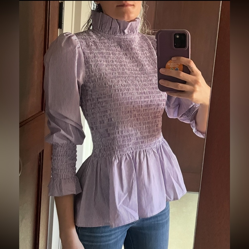 Violet Marie de la Orden “Corsica Shirt” Smocked Peplum 3/4 Sleeve Blouse